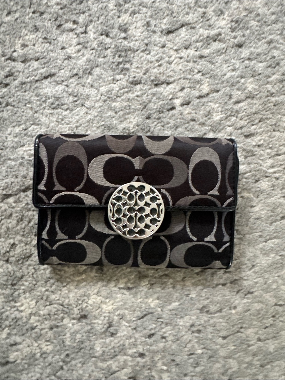 Coach Brown/Gray Signature Canvas Wallet with Decorative Silver Medallion
